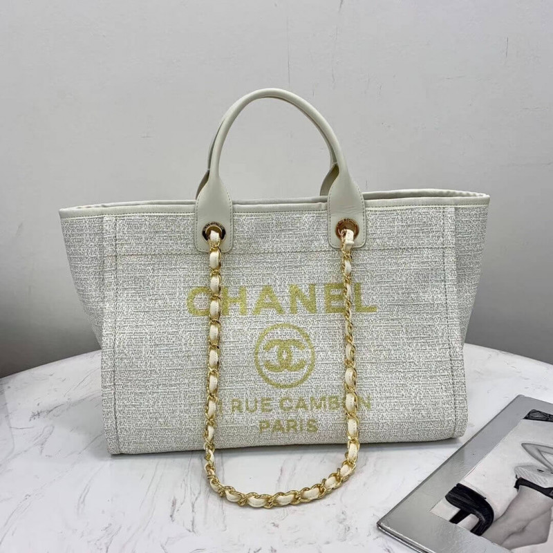 Chanel Deauville Tote 38cm Canvas Bag A66941 White/Gold