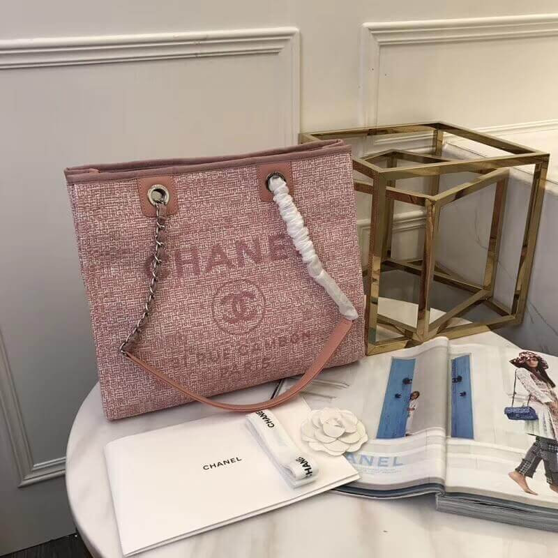 Chanel Deauville Chain Shoulder Tote 33cm Canvas Bag A66939