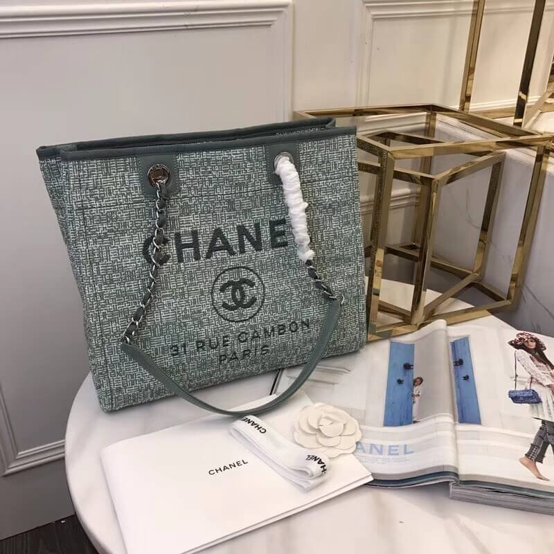 Chanel Deauville Chain Shoulder Tote 33cm Canvas Bag A66939