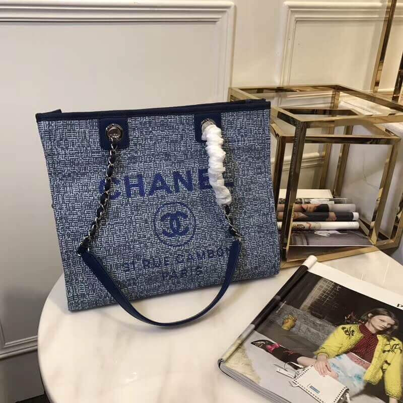 Chanel Deauville Chain Shoulder Tote 33cm Canvas Bag A66939