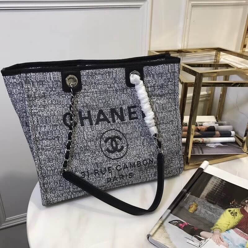 Chanel Deauville Chain Shoulder Tote 33cm Canvas Bag A66939