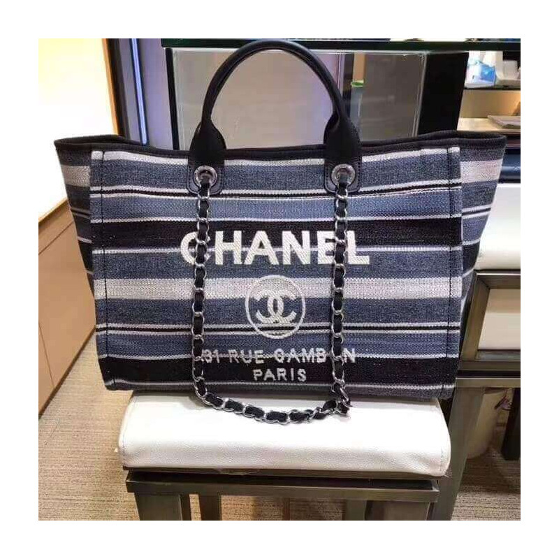 Chanel Deauville Black Grey Striped Tweed Canvas Tote A66941