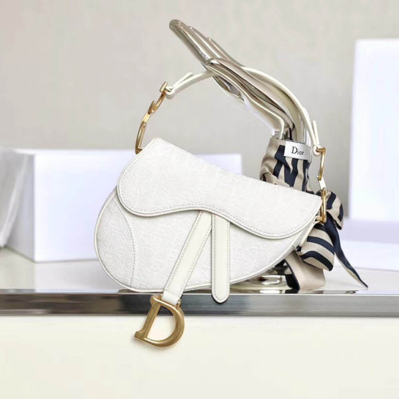 Christian Dior Mini Saddle Bag in White Oblique Jacquard M0447