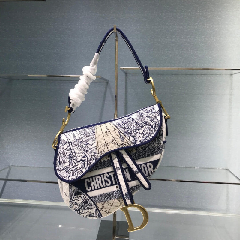 Christian Dior Saddle Bag in Blue Camouflage Embroidery M0446