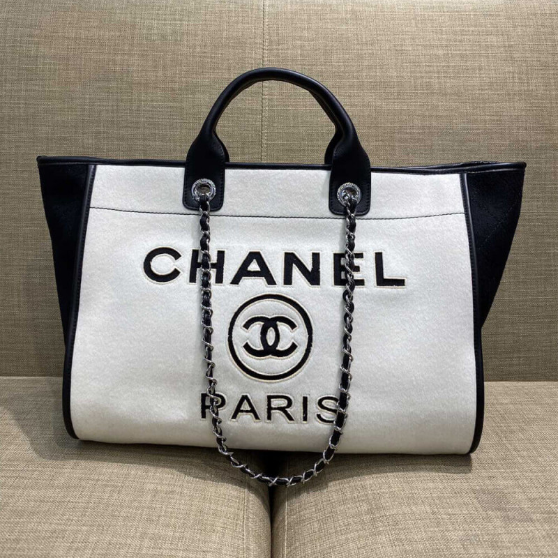 Chanel Wool Felt Deauville Shopping Bag A60598 White/Black