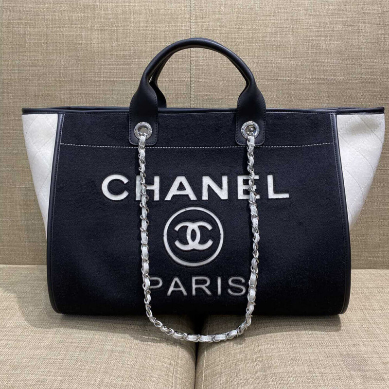 Chanel Wool Felt Deauville Shopping Bag A60598 Black/White