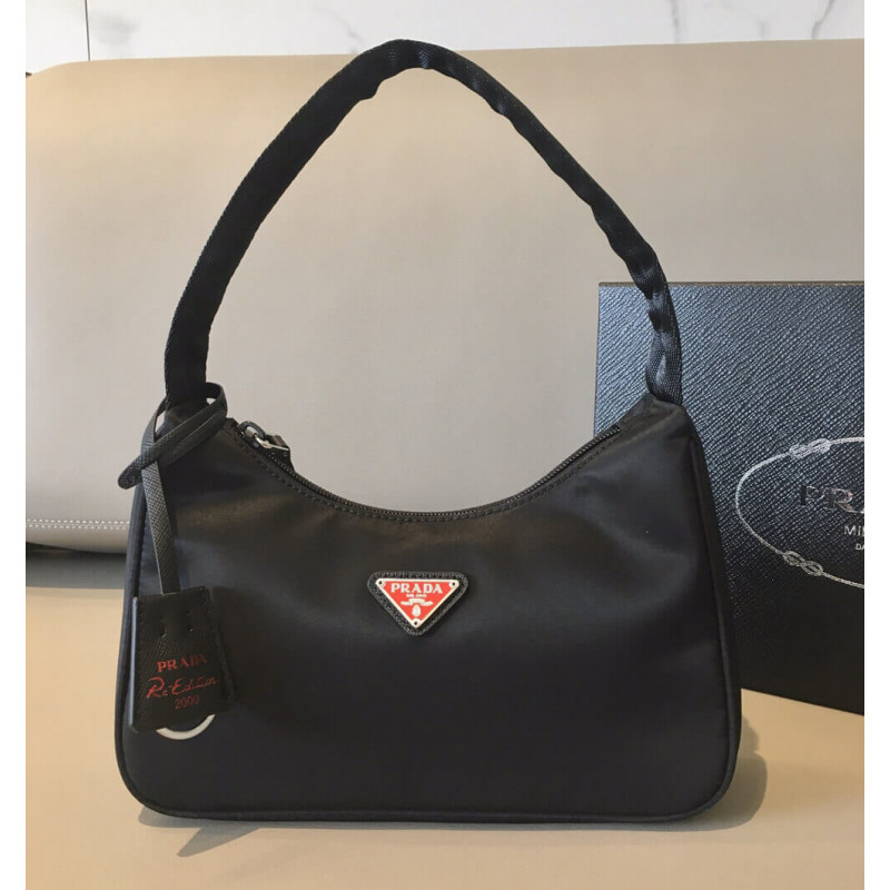 Prada Re-Edition 2000 Nylon Hobo Bag 1NE515 Black with Red Logo