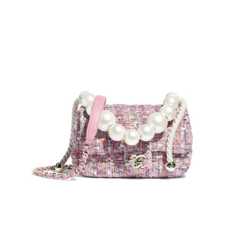 Chanel Tweed Flap Bag With Large Pearl Handle AS0593