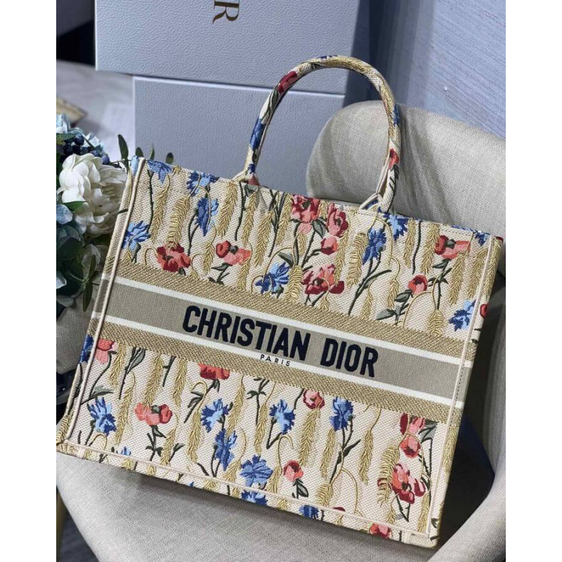 Dior Book Tote in Hibiscus Metallic Thread Embroidery M1286
