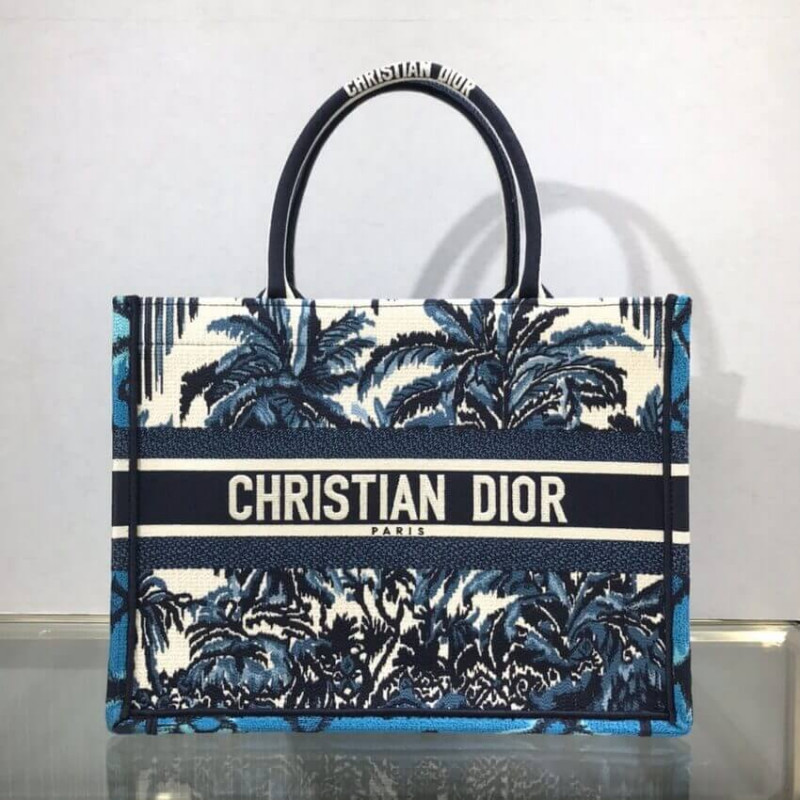 Dior Small Book Tote in Blue Palms Embroidery M1296