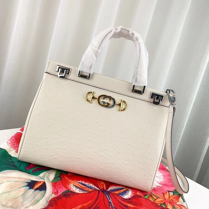 Gucci Zumi Ostrich Leather Medium Top Handle Bag 564714 White