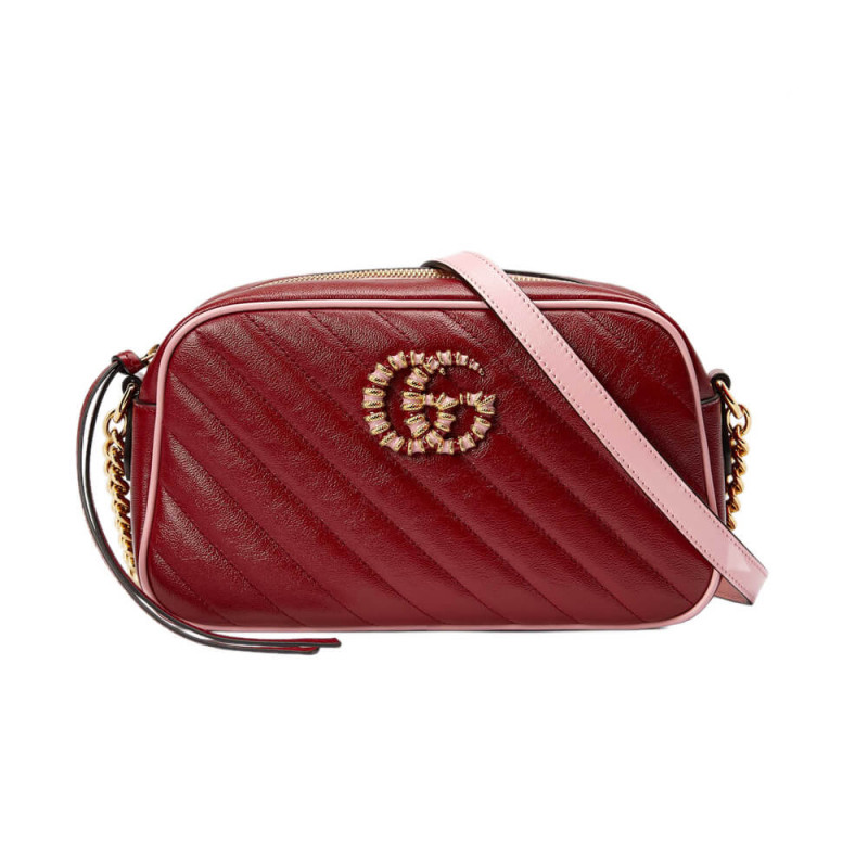 Gucci GG Marmont Small Shoulder Bag 447632 Red and Emerald Leather