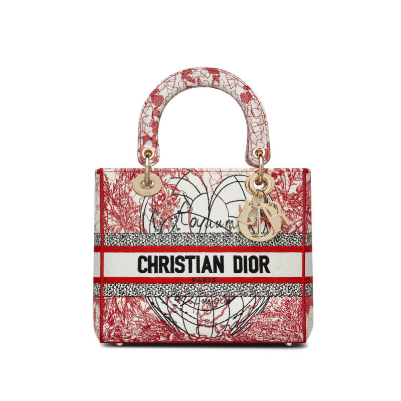 Christian Dior Medium Lady D-Lite Bag Red and White D-Royaume d&#039;Amour Embroidery M0565