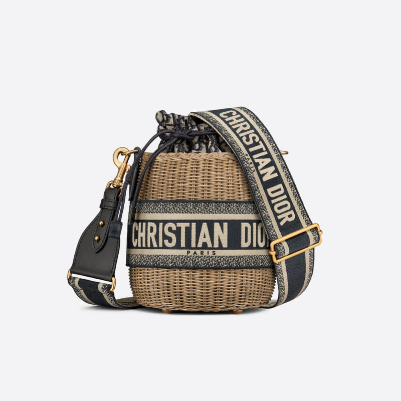 Christian Dior Wicker Basket Shoulder Bag Blue Oblique M7600