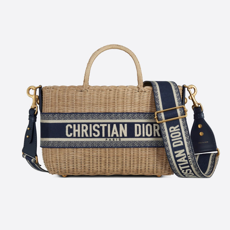 Christian Dior Wicker Basket Shoulder Bag Blue Oblique M7601
