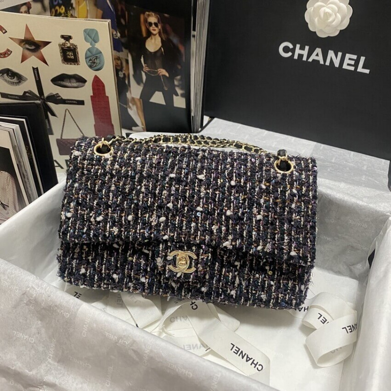 Chanel Classic Flap Bag in Navy Blue &amp; Multicolor Glittered Tweed 1112