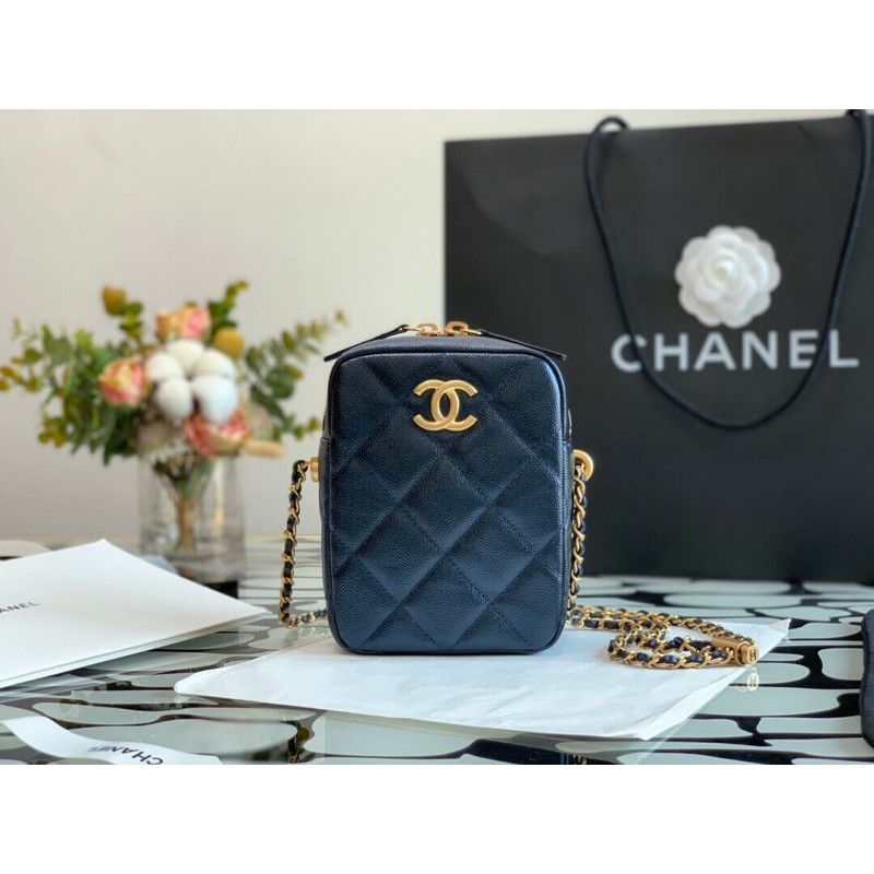 Chanel Caviar Calfskin Pearl Crush Gold Ball Phone Clutch With Chain 99098