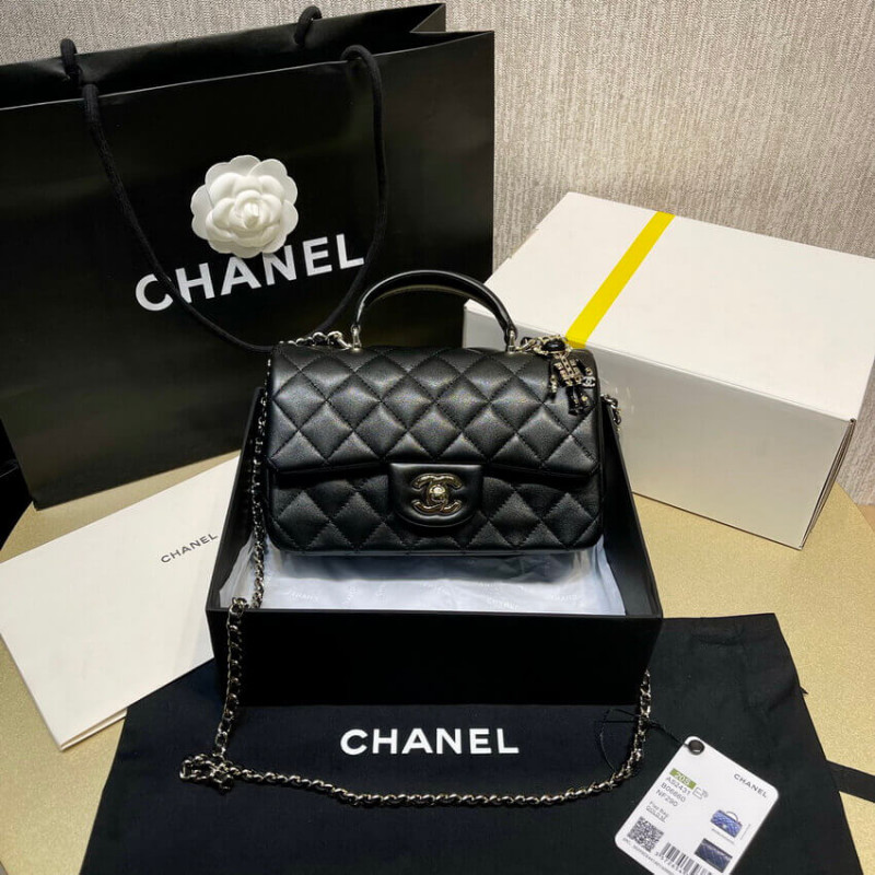 Chanel Lambskin Mini Flap Bag With Top Handle Black AS2431 with Charms