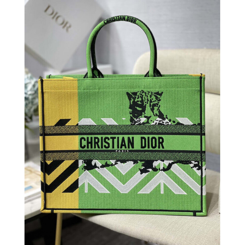 Christian Dior Large Book Tote Bright Green and Orange D-Jungle Pop Embroidery M1286