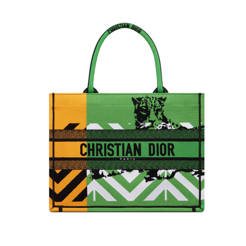 Christian Dior Medium Book Tote Bright Green and Orange D-Jungle Pop Embroidery M1296