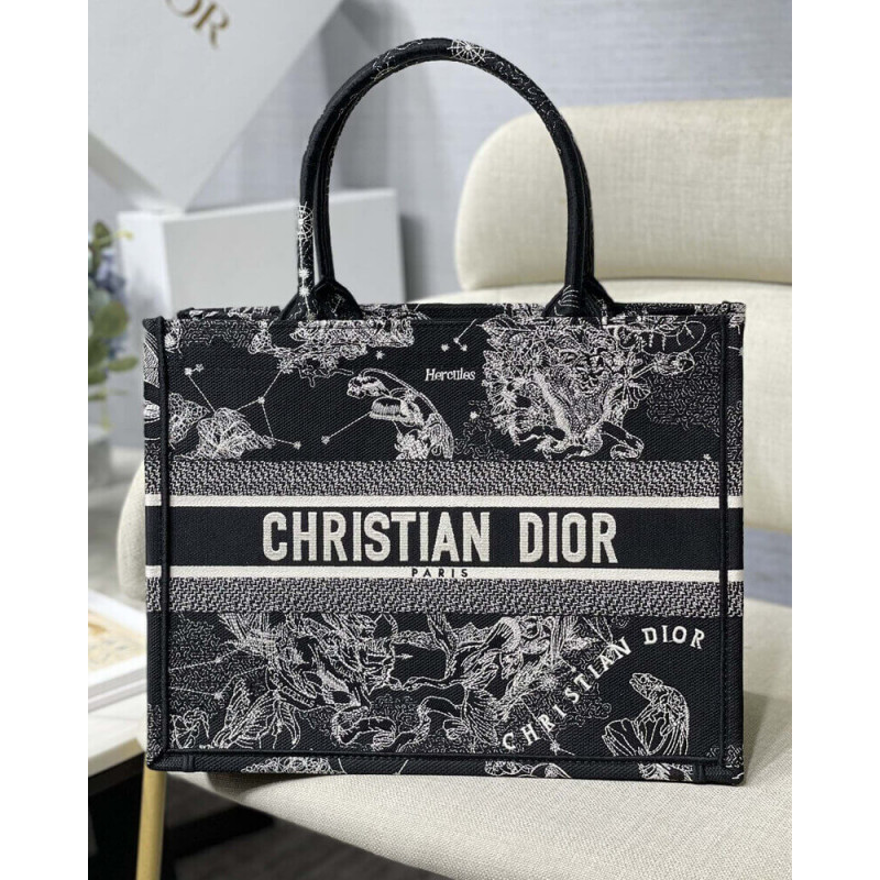 Christian Dior Medium Book Tote Black Toile de Jouy Zodiac Embroidery M1296