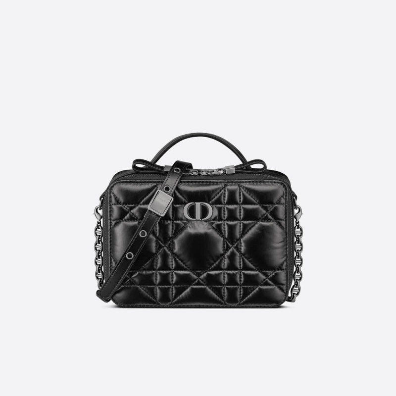 Christian Dior Caro Box Bag With Chain Black Quilted Macrocannage Calfskin S5140
