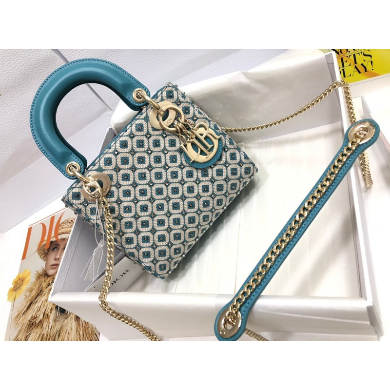 Lady Dior Mini Azure Blue Honeycomb Embroidery Bag M0505 With Two-Tone Thread And Rhinestones