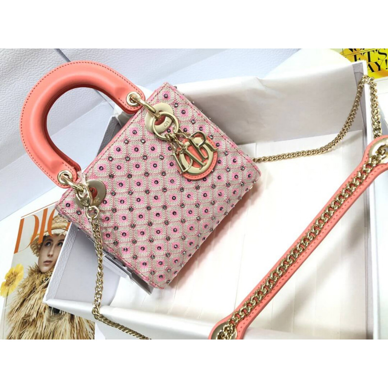 Lady Dior Mini Coral Pink Two-Tone Thread Embroidery Bag M0505 With Honeycomb Pattern And Rhinestones