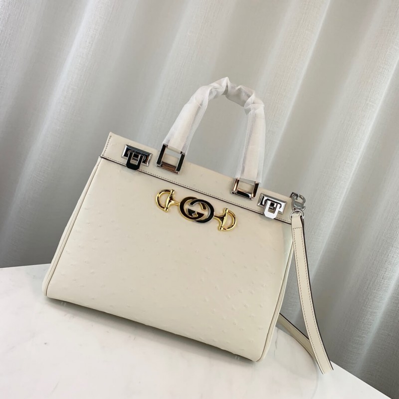 Gucci Zumi Ostrich Leather Medium Top Handle Bag 569712 White