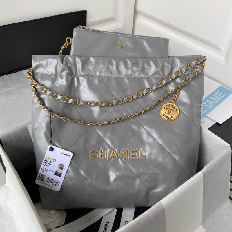 Chanel 22 Small Handbag Shiny Calfskin AS3260 Grey With logo Gold