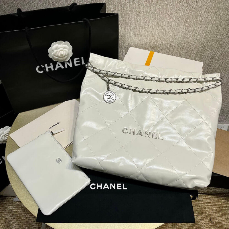 Chanel 22 Small Handbag Shiny Calfskin AS3260 White Silver