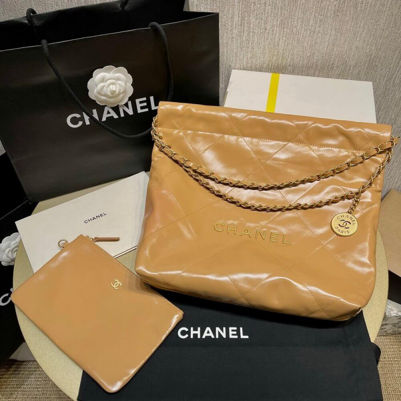 Chanel 22 Small Handbag Shiny Calfskin AS3260 Camel Gold Metal