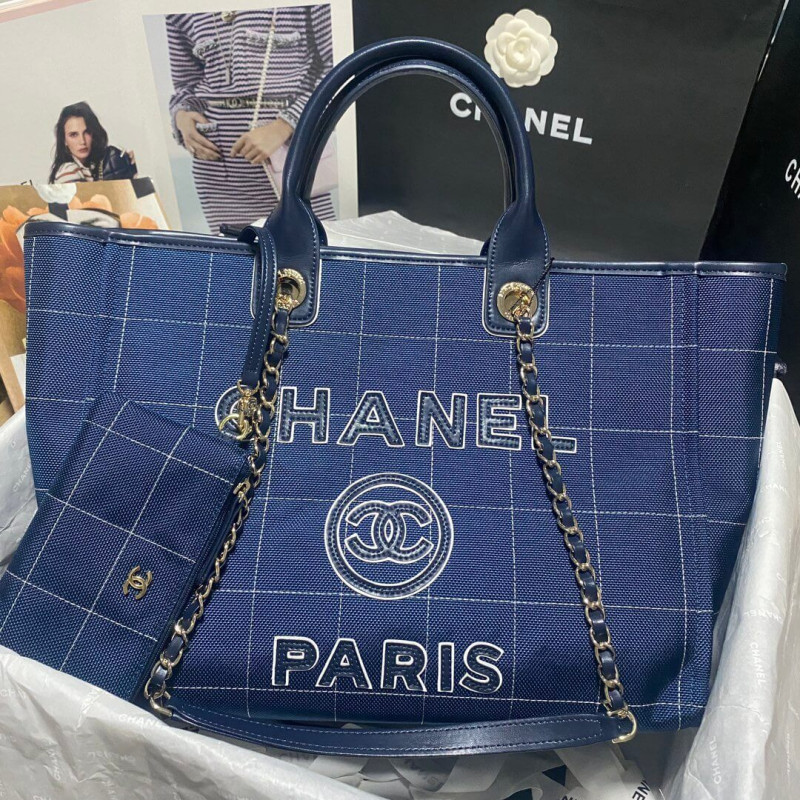 Chanel Deauville Cotton &amp; Calfskin Large Shopping Bag AS93786