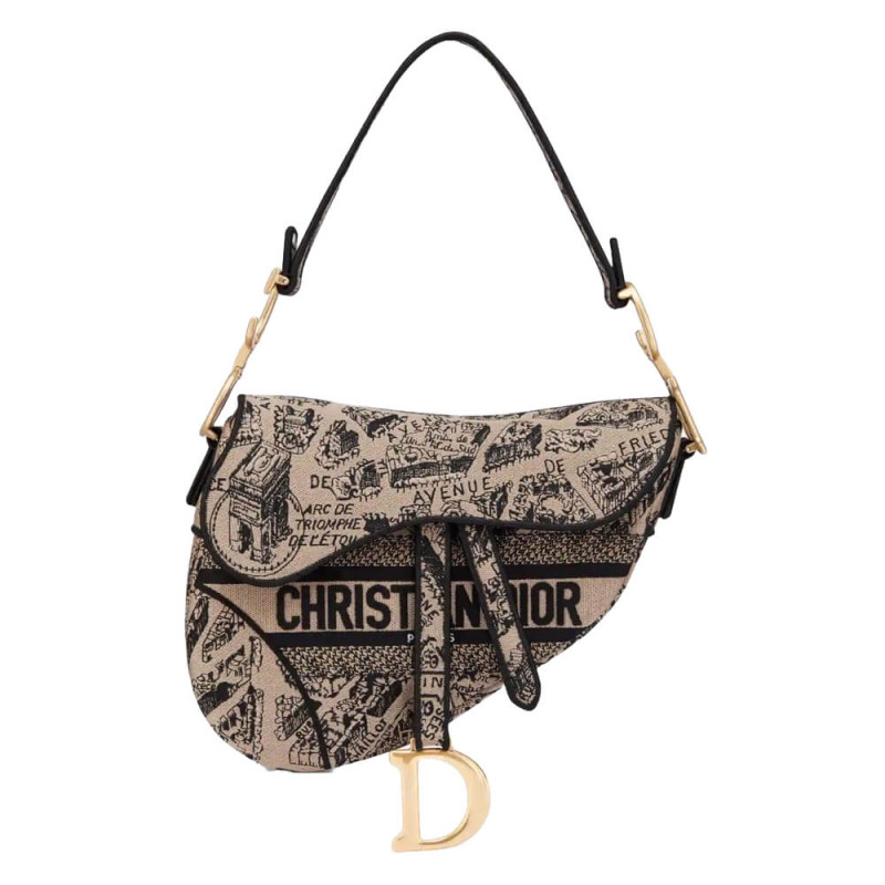 Dior Saddle Bag Beige and Black Plan de Paris Embroidery M0446
