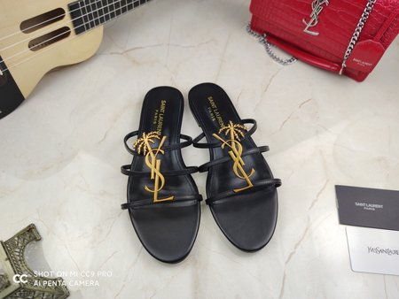 YSL PARIS-CASSANDRA YSL-Logo Letter Buckle Open Toe Flat Slippers