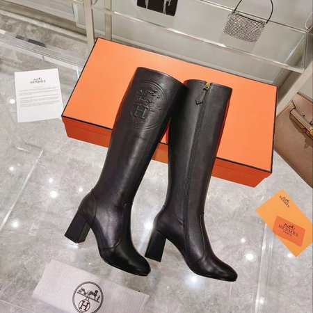 Hermes Black Grained Calfskin Boots Heel Height 7.5cm