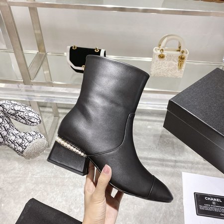 Chanel Stitching Chunky Heel Booties CC Logo