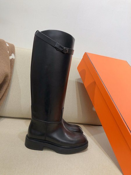 Hermes Classic Juming dark buckle Kelly high boots H logo buckle calfskin