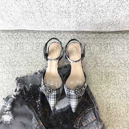 Dior Checkered high heels round beads accessories square buckle 4.5 cm Kitten Heels