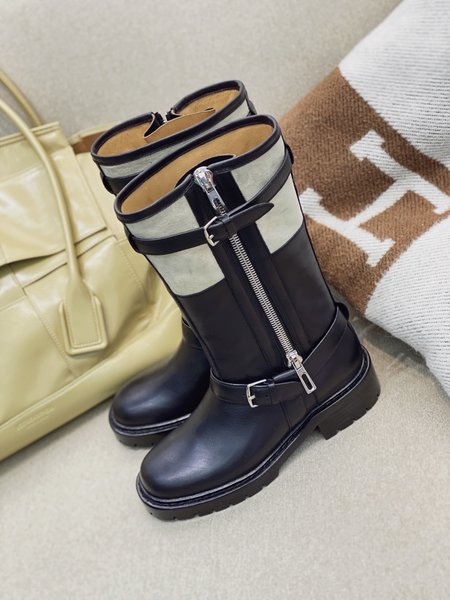 Hermes Tall boots in calfskin with crocodile side zip and square buckle