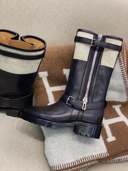 Hermes Tall boots in calfskin with crocodile side zip and square buckle