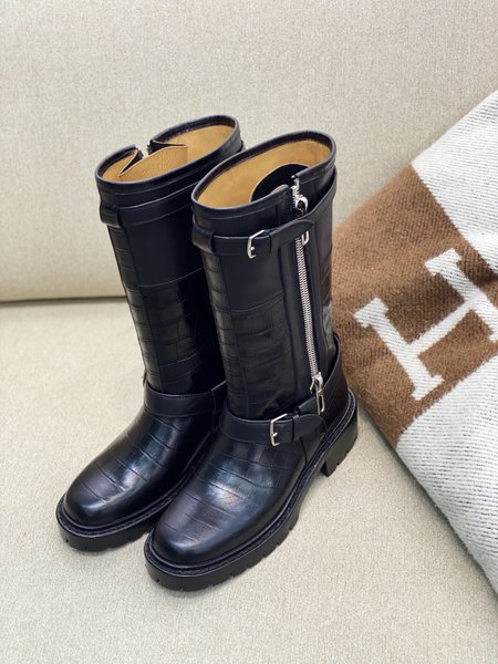 Hermes Tall boots in calfskin with crocodile side zip and square buckle