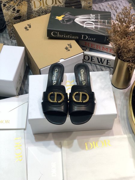Dior CD Letter Metal Logo Flat Hollow Sandals Round Toe Thick Heel Jelly Slippers
