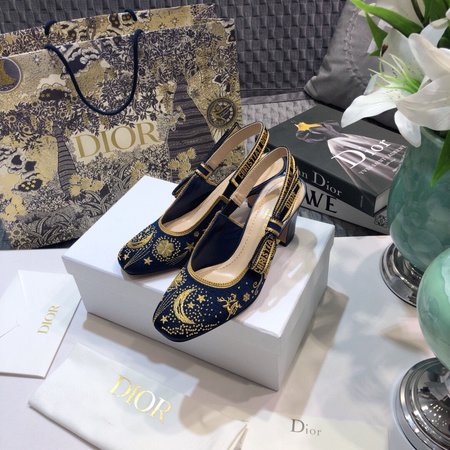 Dior Three-dimensional embroidery pattern slingback letter logo ribbon square toe thick high-heeled bow women sandals flat shoes