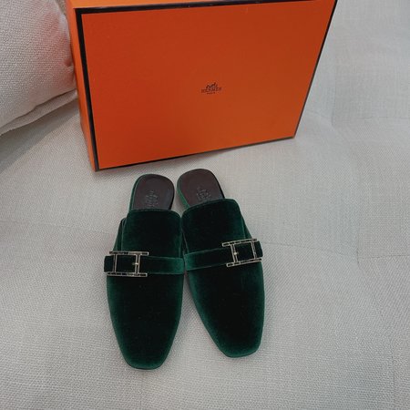 Hermes H rhinestone buckle mules