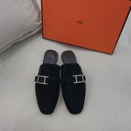 Hermes H rhinestone buckle mules