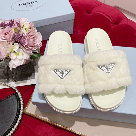 Prada Triangular Logo Wool Slippers Lamb Hair with Sheep Skin