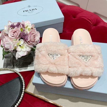 Prada Triangular Logo Wool Slippers Lamb Hair with Sheep Skin