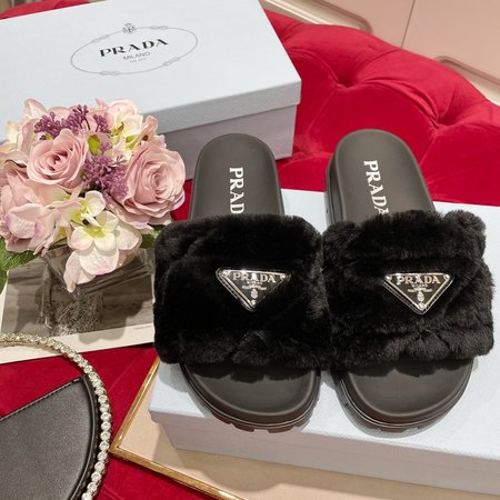 Prada Triangular Logo Wool Slippers Lamb Hair with Sheep Skin