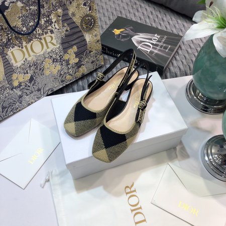 Dior Slingback Embroidered Jacquard Letter Logo Ribbon Square Toe Thick High Heel Bow Women Sandals Flat Women Shoes